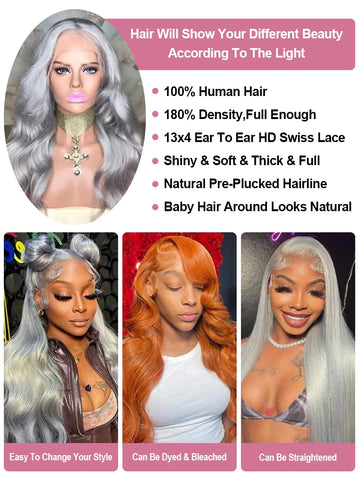 40 Inch 13x6 HD Silver Grey Colored Straight Lace Front Wigs Human Hair Brazilian 13x4 Lace Frontal Wigs For Women 250% Density