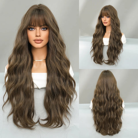 PARK YUN Costume Wig Long Wavy Brown Wig For Women Daily Party Dark Roots Synthetic Blonde Highlight Wigs High Density With Bang