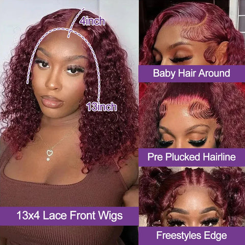 13x6 Glueless Bob Wig Burgundy 99J Deep Wave Brazilian Human Hair Short Bob With Curly HD Transparent Lace Front Wigs For Women