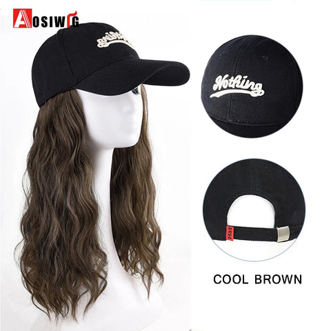Long Wavy Synthetic Wig Baseball Rice White Cap With Hair Extensions Hat Wigs Natural Black Connect Wig Adjustable For Women