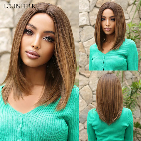 LOUIS FERRE Short Blonde Bob Synthetic Wigs With Dark Root Shoulder Length Blonde Straight Wig Mixed White Hair High Temperature