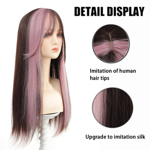 Synthetic 24 inch Loiita Black Pink Tousled Long Straight Wig Double Ponytail Hair Extensions cosplay wig Christmas