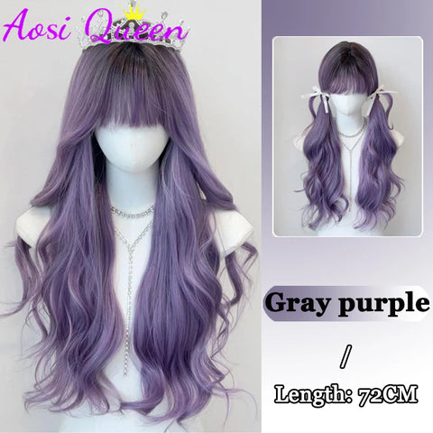 AosiQueen Black Pink Ombre Synthetic Wigs For Cosplay Long Wavy Layered Wigs With Bangs For Women Heat Resistant Fake Hair