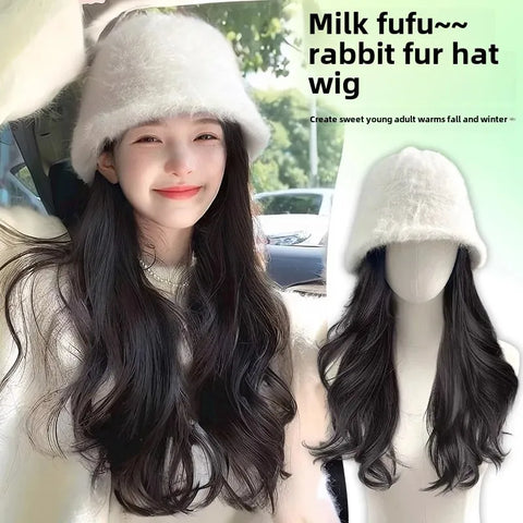 Women's Long Hair Wig Hat Integrated Natural Real Human Hair Fashion Autumn Winter Fisherman Cap Full Head Cover