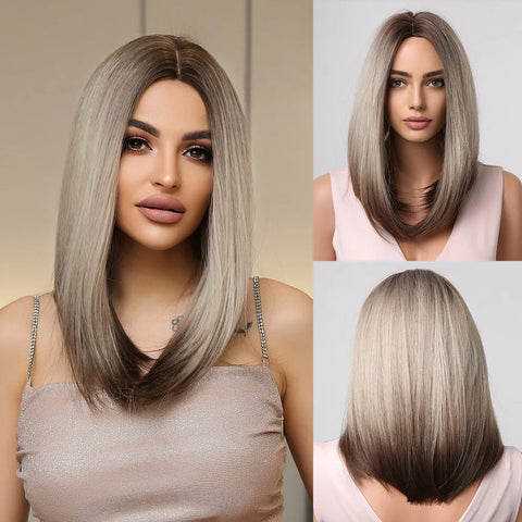 LOUIS FERRE Short Blonde Bob Synthetic Wigs With Dark Root Shoulder Length Blonde Straight Wig Mixed White Hair High Temperature