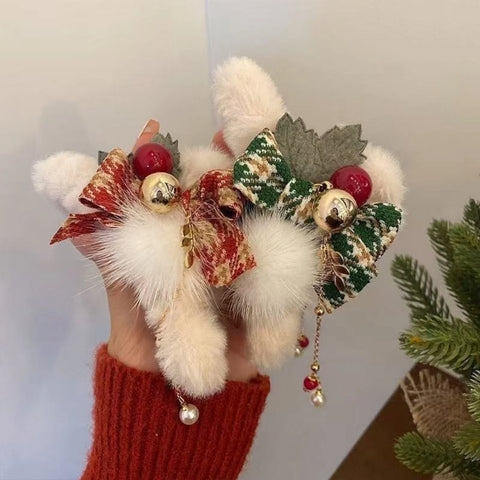 1PC Christmas Plush Hair Clips Set: Festive Bow&Bell Details, Fluffy Pom - Pom Design, Cute Hair Accessories For Holiday Parties
