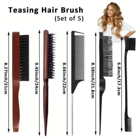 5pcs Boar Bristle Hair Brush Set with Edge Control - Slick Back, Teasing & Smoothing Combs for Men and Women