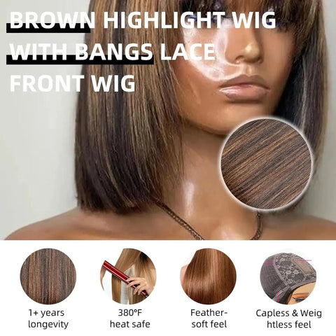Put On and Go Realistic Yaki Straight Short Bob with Bangs Minimalist 3X1 Lace Wig 100% Human Hair Brown Highlight For Women