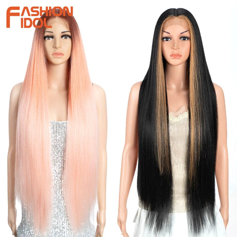 FASHION IDOL Lace Front Wig Synthetic 36 Inches Long Kinky Straight Wig Ombre Pink Cosplay Wigs For Women Party Daily Fake Hair