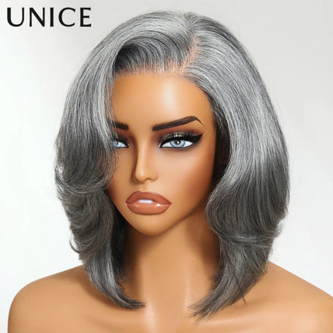 UNICE Hair Side Part Grey Bob Wig Pre Cut 6.5x1.5 Lace Layered Blowout Salt & Pepper Glueless Wig Human Hair Ready To Wear
