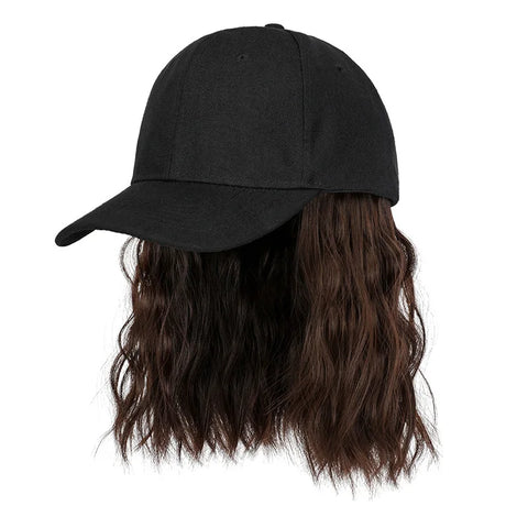 Hat Wig for Women, Short Wave Baseball Cap Wig with Curly Synthetic Hair Extensions, Adjustable Brown Black Baseball Hat Wig