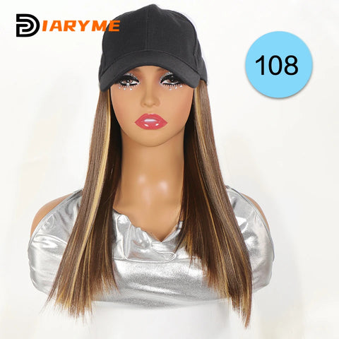 Baseball cap wig Synthetic Wigs With White Black Hat Long Straight Hair Wigs For Women connect Hat One Piece Wig Hat adjustable