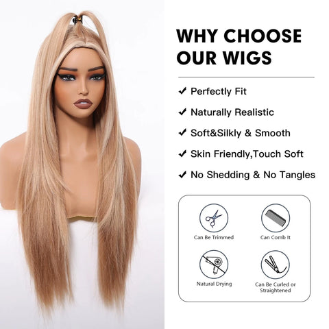 Long Straight Layered Synthetic Wig Ash Blond highlights with Bang for Women Christmas Party Daily Use Heat Resistant Fiber