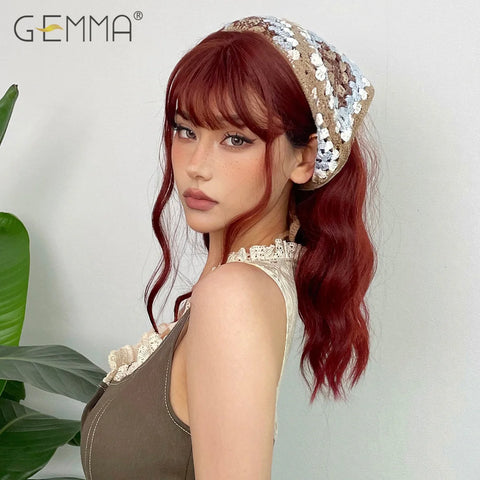 GEMMA Middle Length Red Brown Curly Wig with Bangs Synthetic Cosplay Wavy Natural Hair Wigs for Women Daily Heat Resistant Fibre