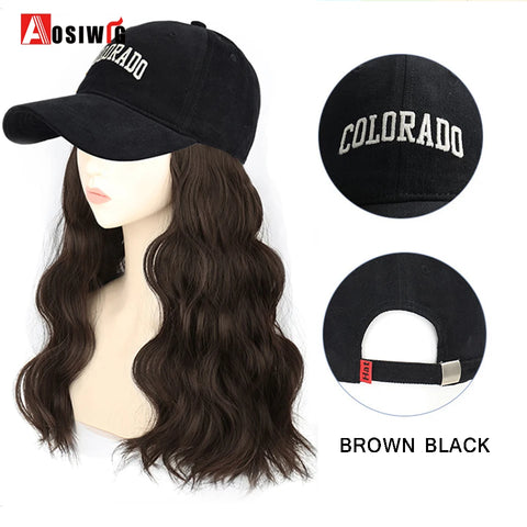 Long Wavy Synthetic Wig Baseball Rice White Cap With Hair Extensions Hat Wigs Natural Black Connect Wig Adjustable For Women