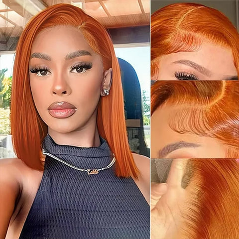 4/27 Highlight Bob Wigs Straight Lace Front Wig Human Hair Ombre Frontal Bob Wig Human Hair gluelss wear to go Ombre Brown Wig 1