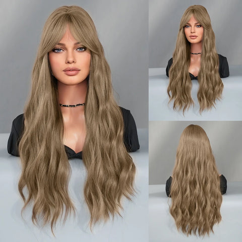 PARK YUN Costume Wig Long Wavy Brown Wig For Women Daily Party Dark Roots Synthetic Blonde Highlight Wigs High Density With Bang