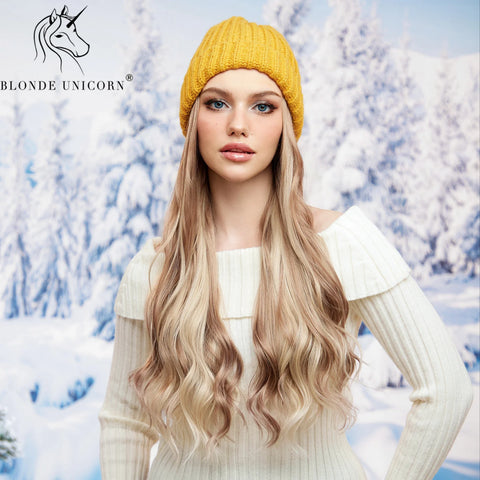 Blonde Unicorn Hat wigs Cap with Hair Hat Wig Blonde Wavey Wig Separable Synthetic Hair Women Daily Party High Temperature