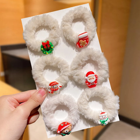 6Pcs Plush Hair Ties for Girls Christmas Theme Design including Santa Claus Snowman Fashionable Winter Hair Accessories Gift