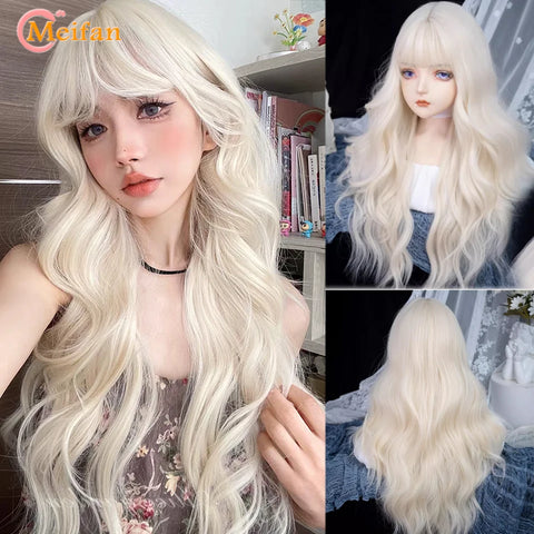 MEIFAN Synthetic Long Straight Lolita Wig with Bangs Wig Girl Cute Ombre Pink Blonde Black Cosplay Party Halloween Harajuku Wig