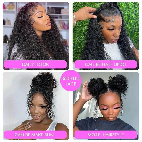 Women's 360 HD Lace Front Glueless Wig - 250Density Human Hair Deep Wave 13x4 13x6 Lace Frontal with Pre-Plucked Hairline