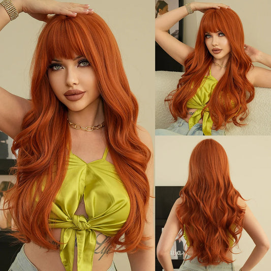 New wine red synthetic wig with bangs big waves long curly hair daily holiday wig high temperature silk full head cover