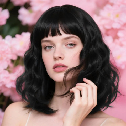 Natural Brown Synthetic Curly Wavy Bob Wig with Bangs for Women