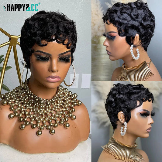 Curly Pixie Cut Short Wigs Human Hair Wig for Black Women Natural Black Bob Wig Remy Hair Full Machine Made Wig