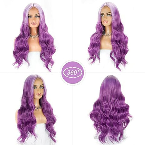 Long Wavy Purple Wigs for Women Synthetic Ombre Purple Curly Wavy Wig 26 Inch Middle Part Heat Resistant Wig  (Ombre Purple)