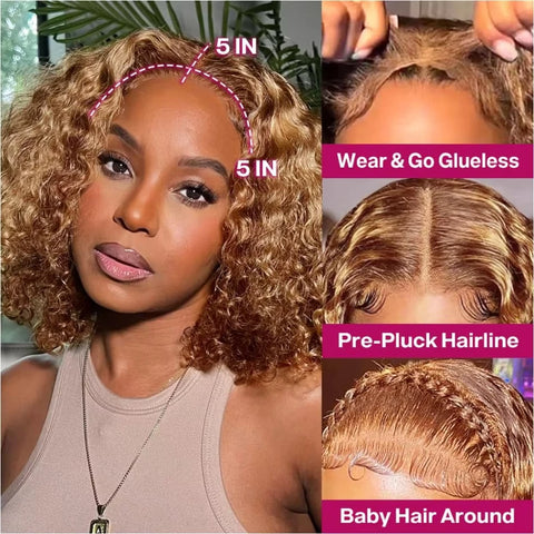 Highlight Glueless Curly Bob Wig Human Hair 100% Ready To Wear Water Wave Human Hair Wig Colored 100% Human Hair Lace Front Wig