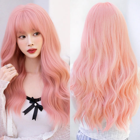 7JHH WIGS Long Wavy Pink Wigs for Women Daily Party Costume Synthetic Hair Wig with Bangs Halloween Costume Carnival Lolita Wig