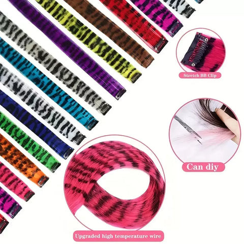 Stripe Printed Hair Colorful Long Straight Hair Pieces Synthetic Clip-in Hair Extensions for Daily Use Party Halloween
