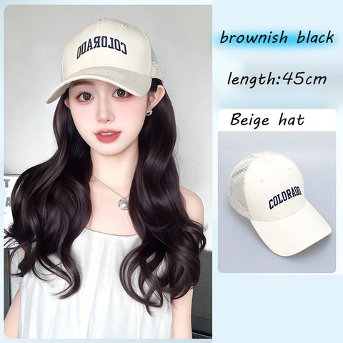 Long Wavy Synthetic Wig Baseball Rice Black Cap With Hair Extensions Hat Wigs Natural Black Connect Wig Adjustable For Women