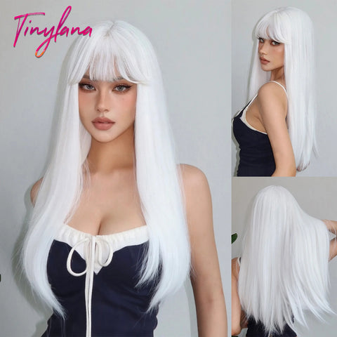 Long Straight Silver Ash Gray Synthetic Wigs Lolita Cosplay Natural Hair with Bangs for White Women Party Daily Heat Resistant