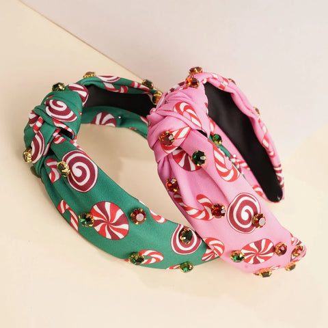 Christmas Magic Wand Red Green Candy Rhinestone Knot Hairband Headband High Apex Hair Accessories Hair Jewerlery