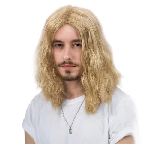 Brown synthetic wig - men's shoulder-length medium-length wavy hair fashionable high-temperature hairpiece
