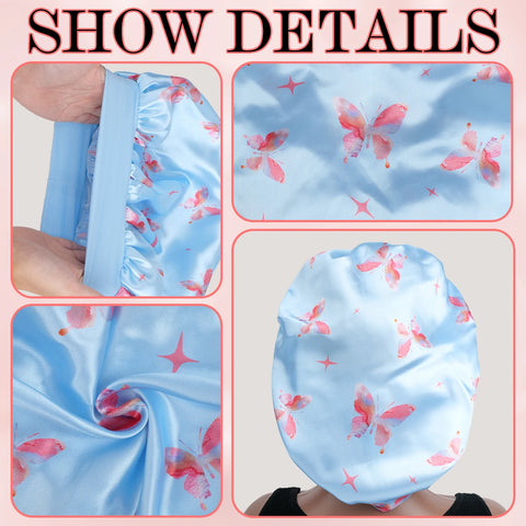 Satin Sleeping Cap for Women, Wide Elastic Band Bonnet with Butterfly Print, Soft & Breathable, Ideal for Curly Hair
