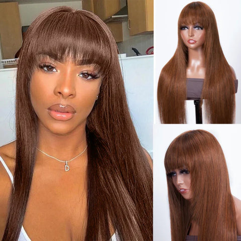 Chocolate Brown Layered Straight Wigs with Bangs Synthetic Layered Cut 3X1 Lace Glueless Wig 4# Brown Color 180% Density