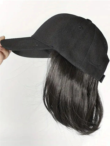 Hat Wigs Synthetic Short Bob Straight Wig With Black Baseball Cap Adjustable Hat Wigs Straight Hair Extensions For Women Fashion
