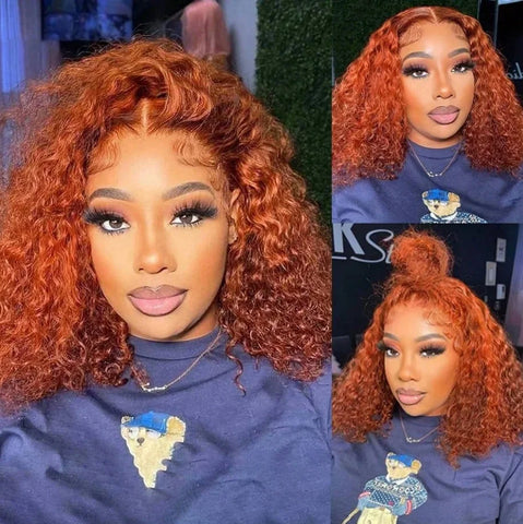 8-22Inch Deep Wave Bob Ginger Orange Lace Front Wigs Bob Human Hair Wig 14 Inch Orange13x4 Deep Wave Lace Frontal Bob Wigs Human