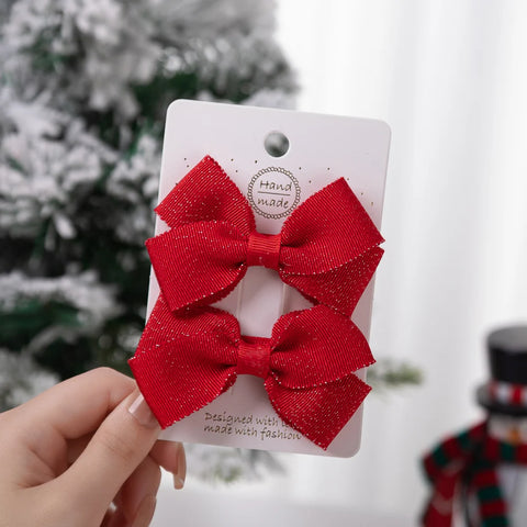 2Pcs/Set Christmas Baby Girls Hair Clips Ribbon Flower Tree Snowflake Resin Hair Bows Xmas Dance Party Hairpins Hairgrips