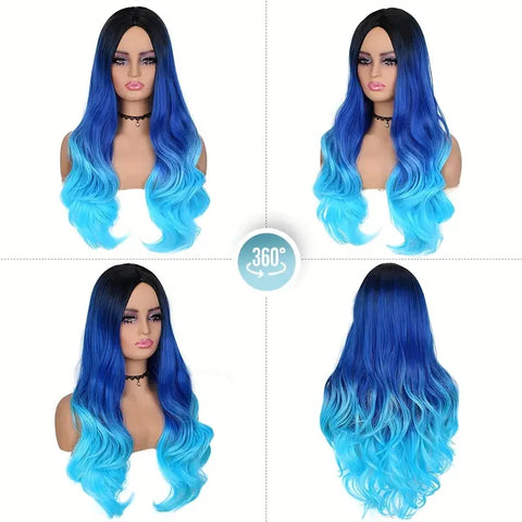 30Inch Long  wave wig Synthetic Hair Wig Black Blue Purple Gradient For Women  For Halloween Daily Cosplay Party wig