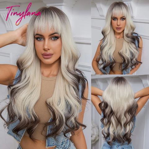 Ash Gray Platinum Long Curly Synthetic Wigs with Bangs for Women Afro Deep Wave Cosplay Lolita Wig Natural Hair Heat Reisitant