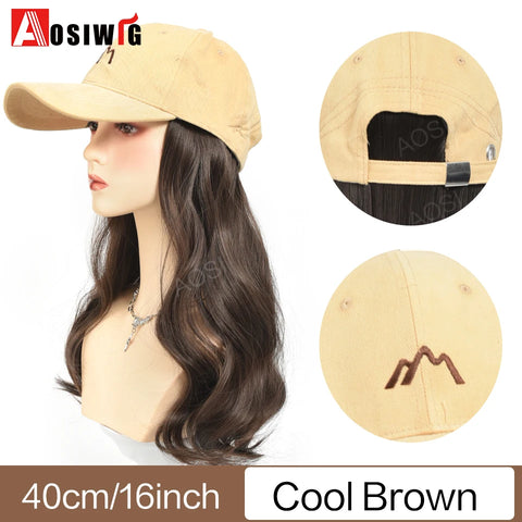 Long Wavy Synthetic Wig Baseball Rice White Cap With Hair Extensions Hat Wigs Natural Black Connect Wig Adjustable For Women