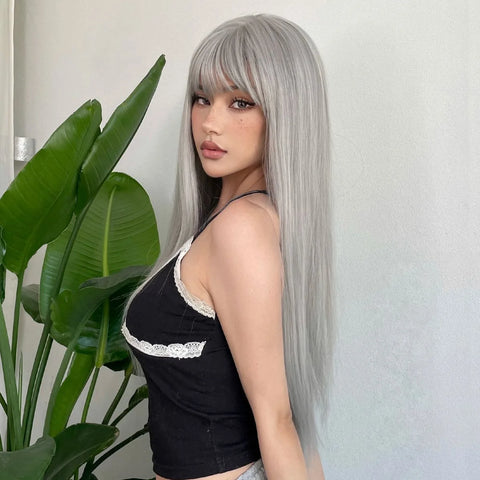 Long Straight Synthetic Wig Granny Gray Center Part Natural Bangs High Temperature Silk Wig For White Women Cosplay Daily