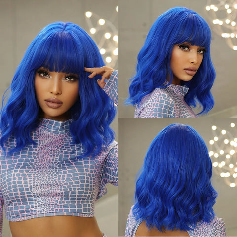 Women Grey Wavy Bob Wigs with Bangs Short Blonde Ombre Synthetic Wig With with Dark Roots Natural Hair for Daily Use