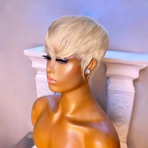 Blond 613 Short Pixie Cut Human Hair Wig With Bangs For Black Women 1B# Brazilian Straight Remy Hair Bob Full Machine Made Wigs