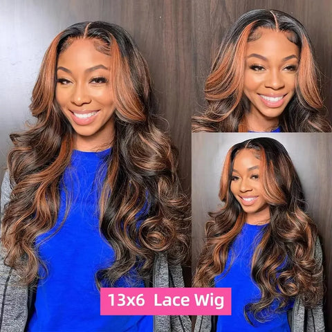 Mossily Ombre Highlight 13x4 Lace Front Wig Human Hair 1B/30 Black Brown Body Wave Wigs Transparent Lace Brazilian For Women