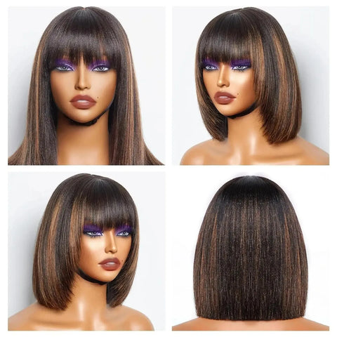 Put On and Go Realistic Yaki Straight Short Bob with Bangs Minimalist 3X1 Lace Wig 100% Human Hair Brown Highlight For Women