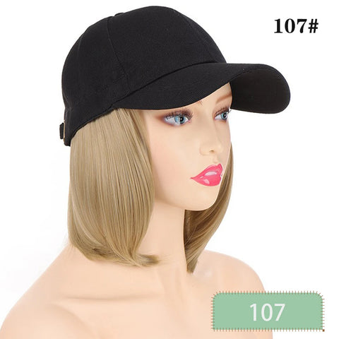 Black Baseball Cap with Hair Extensions Synthetic Straight Short Bob Hairstyle Adjustable Hat Wig for Women Girl Ash Blonde